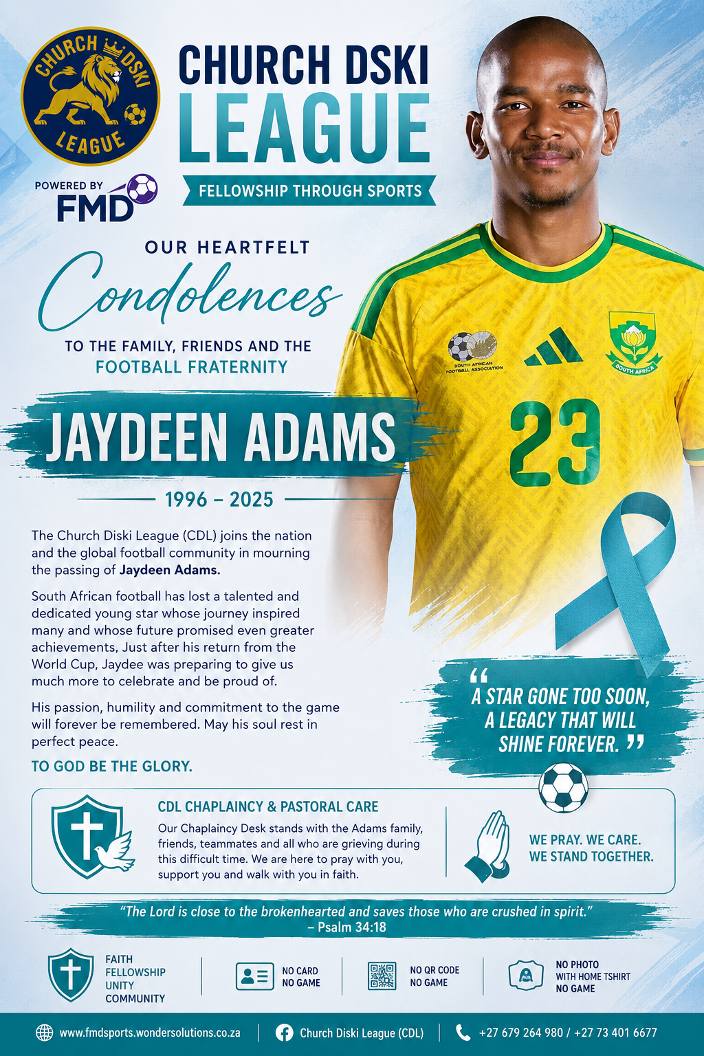 CDL Mourns the Passing of Bafana Bafana Midfielder Jayden Adams
